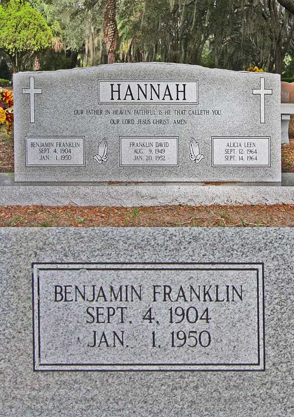 Benjamin Franklin Hannah Gravestone Photo
