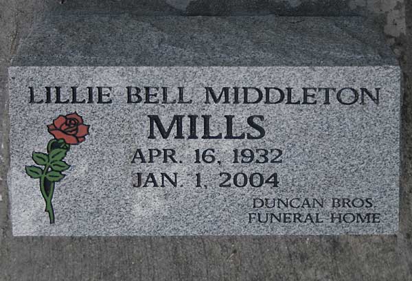 Lillie Bell Middleton Mills Gravestone Photo