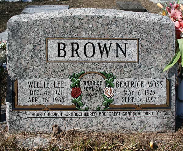 Willie Lee & Beatrice Moss Brown Gravestone Photo