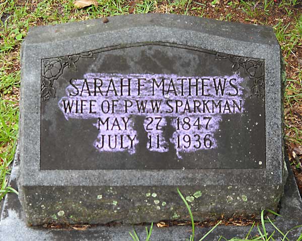 Sarah F. Mathews Sparkman Gravestone Photo